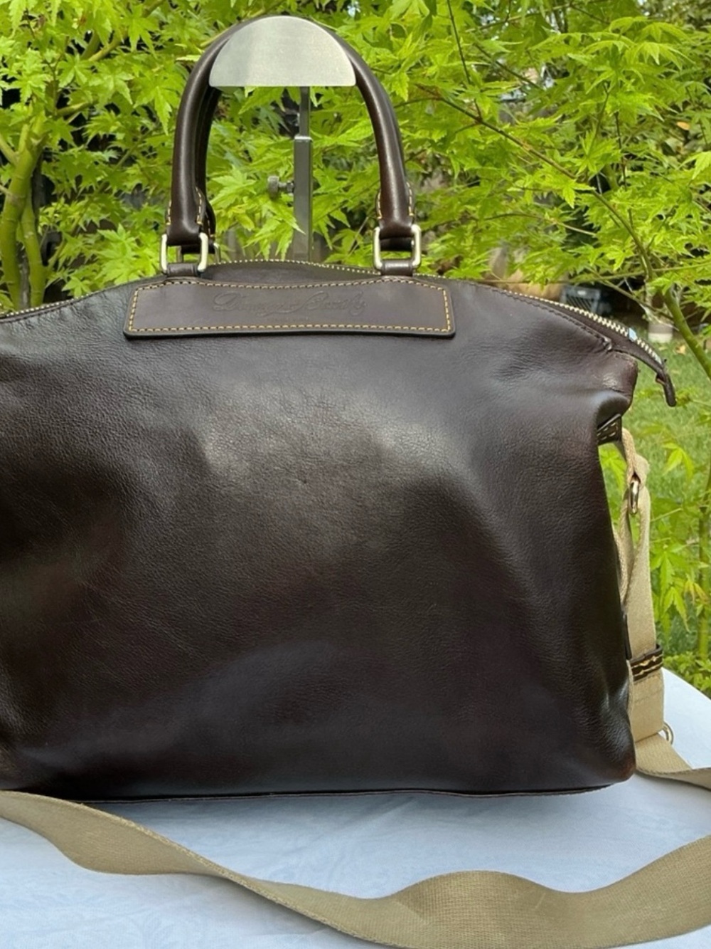 Dooney & Bourke Dark Brown Leather Satchel with Canvas Strap - Picture 3 of 16
